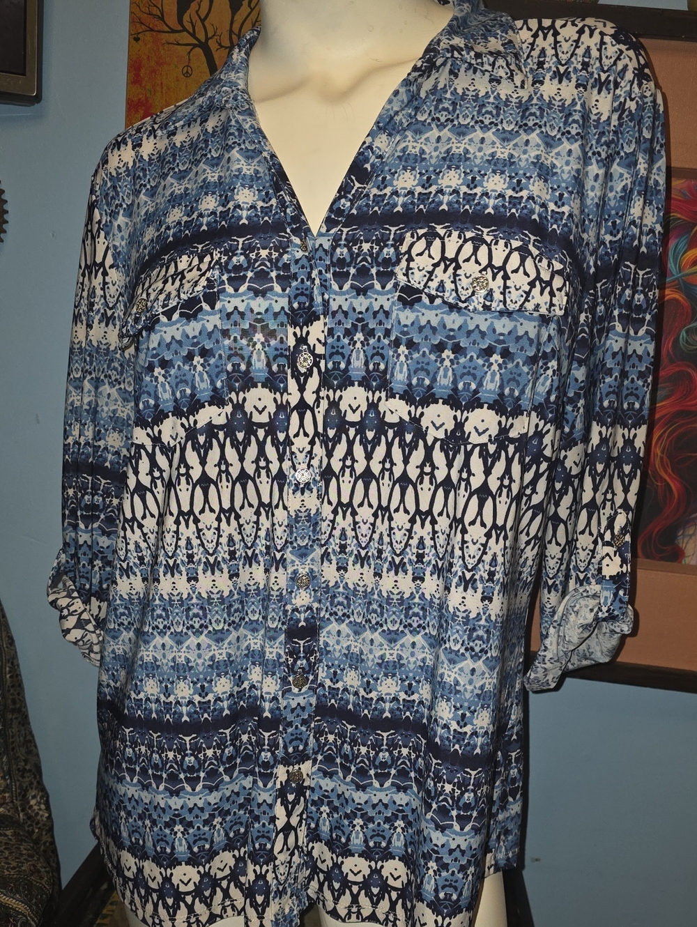 Rebecca Malone Blue & White Patterned Button-Down Shirt